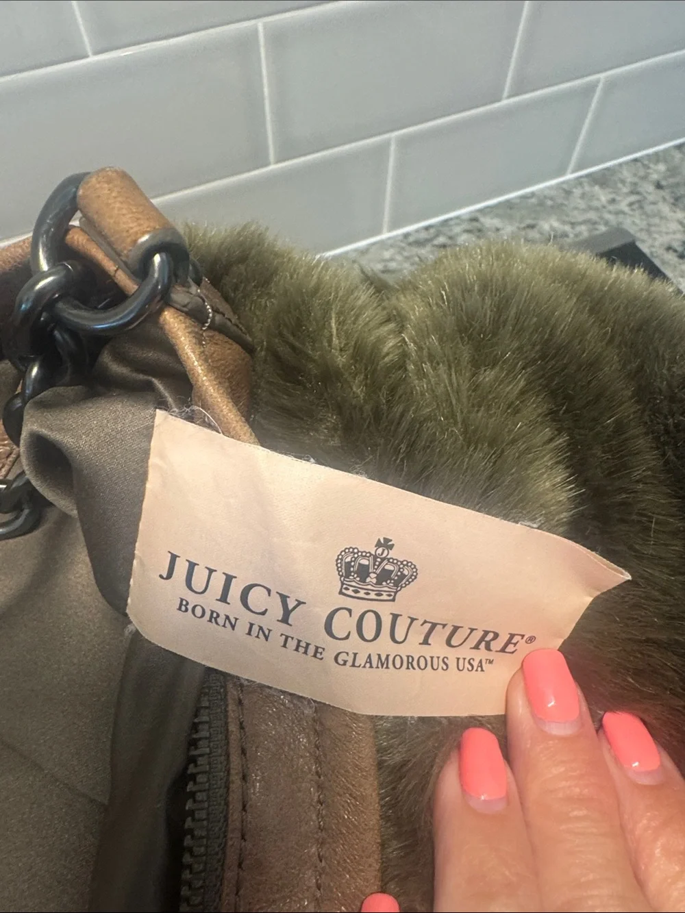 Juicy Couture Olive Faux Fur Clutch with Tan Leather Trim and Tassel